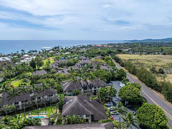 Aerial View of Estate Rooftops with Ocean Views Beyond