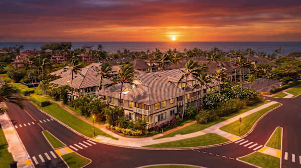 Golden Sunset Over the Resort and Ocean Horizon
