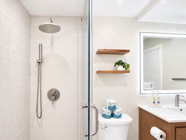 Refresh in your full bathroom with a walk-in shower