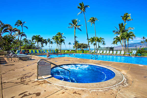 Soak away your worries in the warm hot tub, with the pool, palm trees, and great views just steps away!