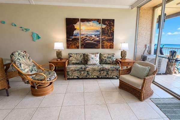 Unwind into vacation mode on a sleeper sofa in the living area with access to the lanai