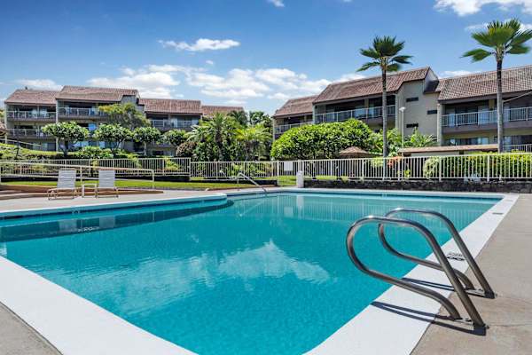 Resort pool with surrounding palm trees and guest suites