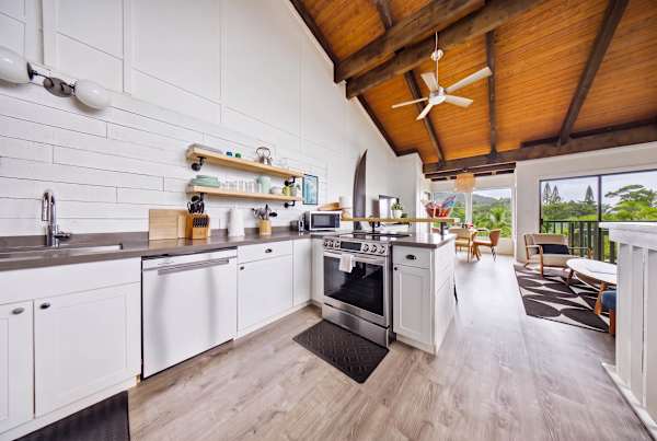 Open kitchen with access to common lounging areas 