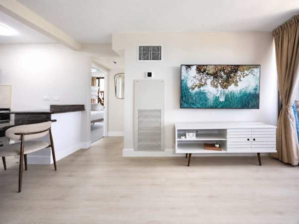 Kick back and enjoy your favorite shows on your 65" wall-mounted smart TV in your living area.