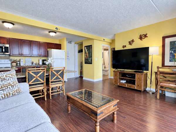 Stay in our cozy 1-bedroom condo featuring an open-concept living area with a sleeper sofa and a 65" smart TV, plus a full kitchen for all your culinary needs.