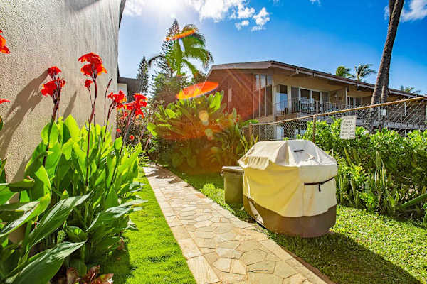 Stroll through lush tropical gardens along the beautifully landscaped walkway.