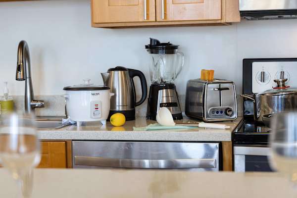 Fully equipped for convenience, your kitchen comes thoughtfully stocked with modern countertop appliances, including a blender, toaster, electric kettle, and rice cooker for effortless meal prep.