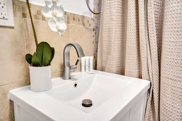 Bathroom vanity with orchid and modern faucet