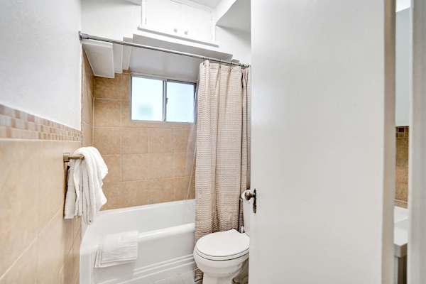 Bathtub with shower curtain and window light