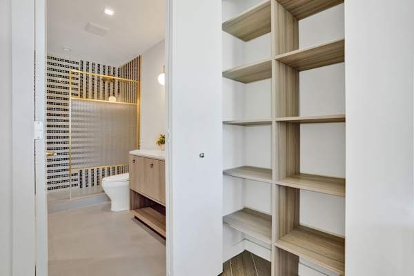 Walk-in closet shelving adjacent to bathroom