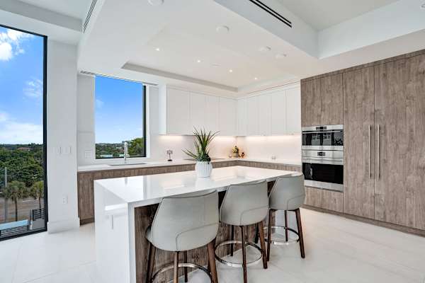 Modern chef's kitchen with quartz island