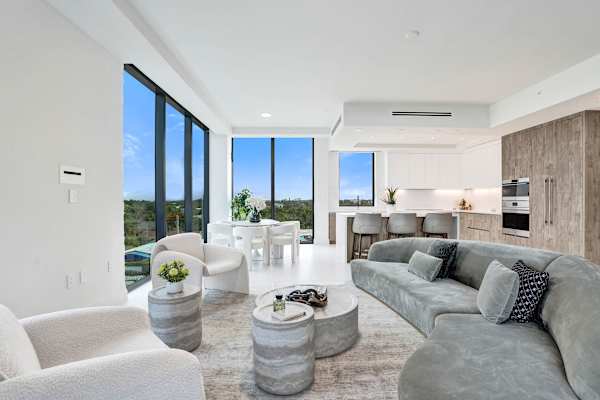 Open living and kitchen with garden views
