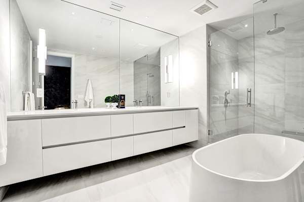 Primary bathroom with soaking tub and double vanity