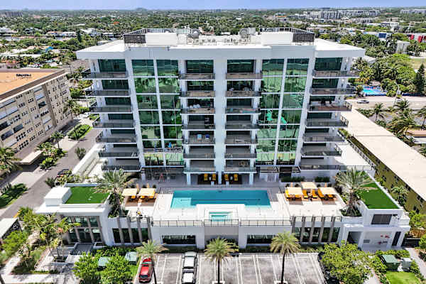 Aerial view of Salato building with pool