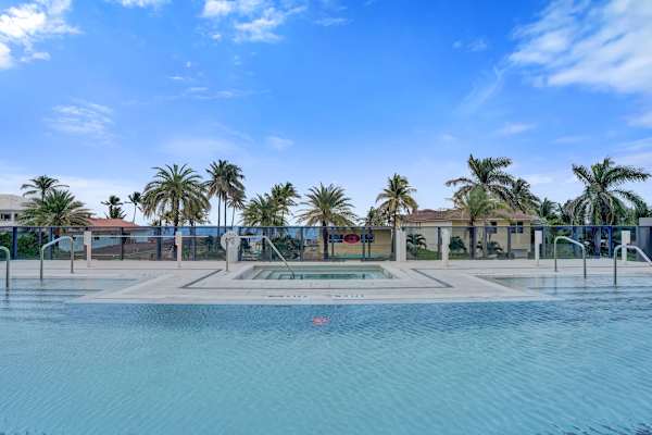 Outdoor pool and hot tub surrounded by palm trees