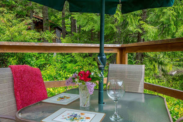 Outdoor dining space on your own private deck overlooking the lake. 