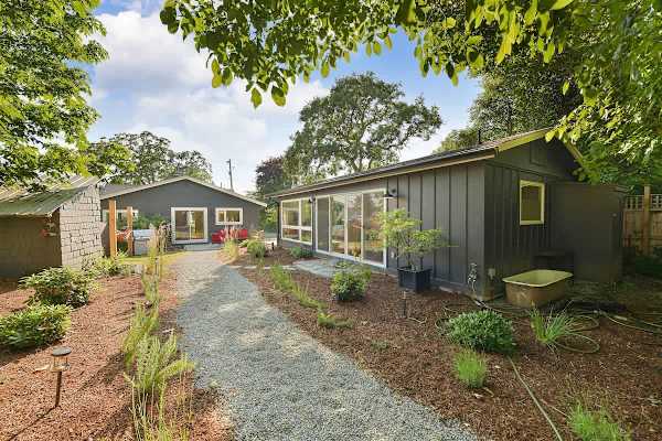 Backyard living and garden spaces.