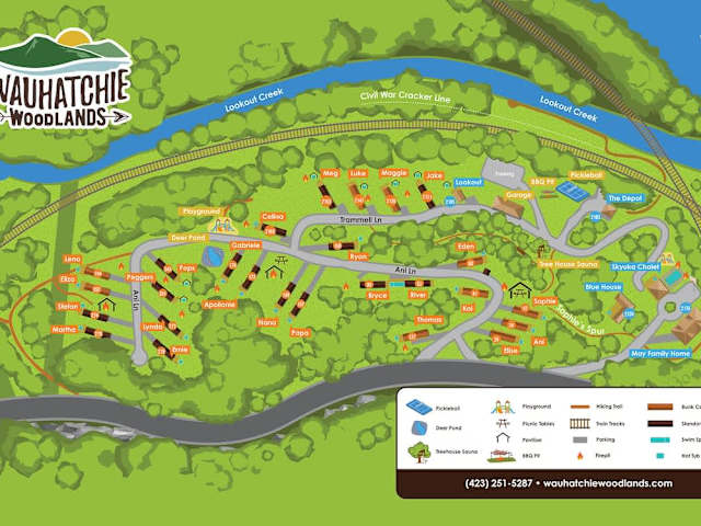 Wuahatchie Woodlands Tiny Cabin Resort Property Map!