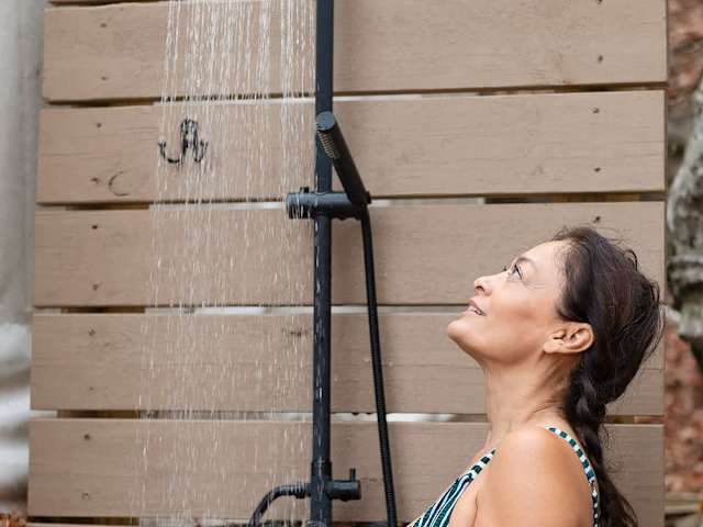 Outdoor shower with hot water