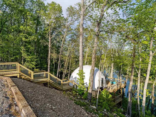 Burgess Falls Dome requires a short walk from our gravel parking area down a solid staircase to your private multi-level deck.  If stairs are a concern, please consider booking Twin Falls Dome, which offers more direct access.