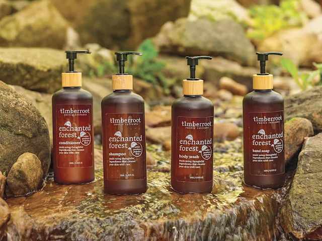 Each cabin is stocked with our custom scented and hand poured personal care products