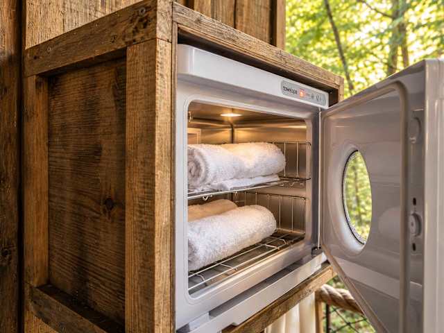 Towel warmer for a luxurious touch after the outdoor shower.
