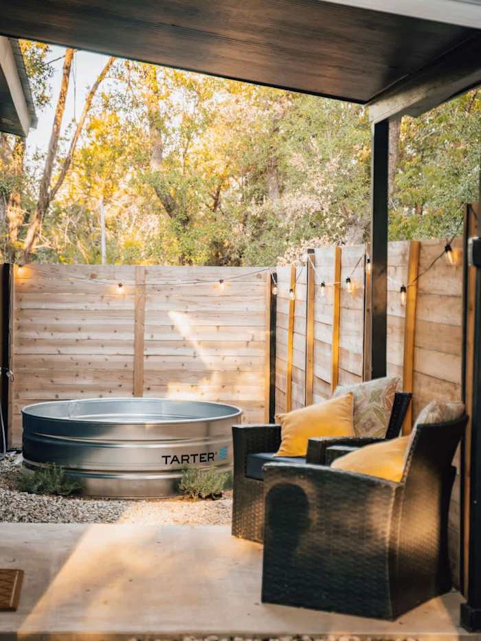 Unique Shipping Container |Cowboy Pool & Hot Tub — Cozy patio with cowboy pool