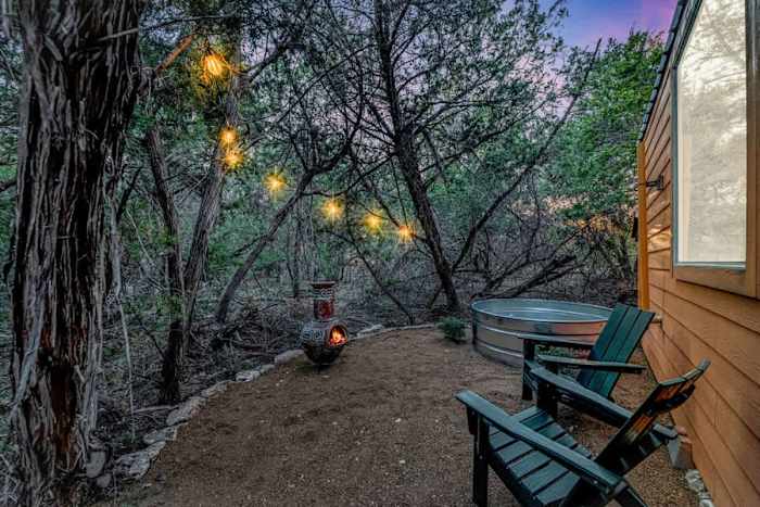 Tiny Home! | Private Cowboy Pool | Near Wimberely — Evening on the patio