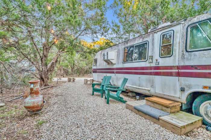 Retro RV | Chiminea | Hot Tub | Near Wineries — RV Exterior with adirondacks & chiminea for a relaxing evening fire
