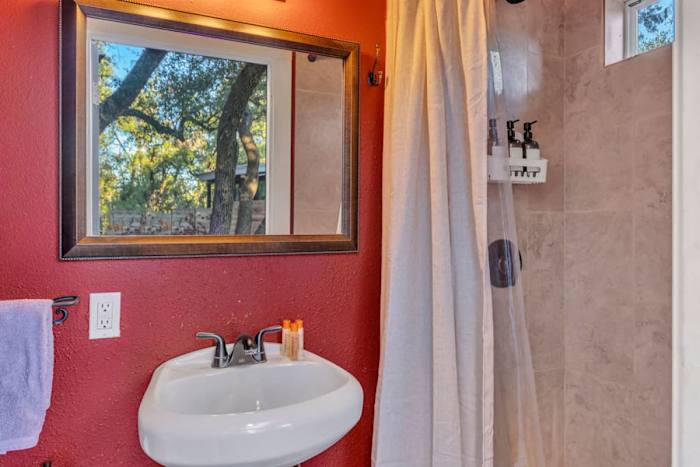 Airstream | Fire | Hammock | Hot tub — Full bathroom at the clubhouse (shared with one other RV on property)
