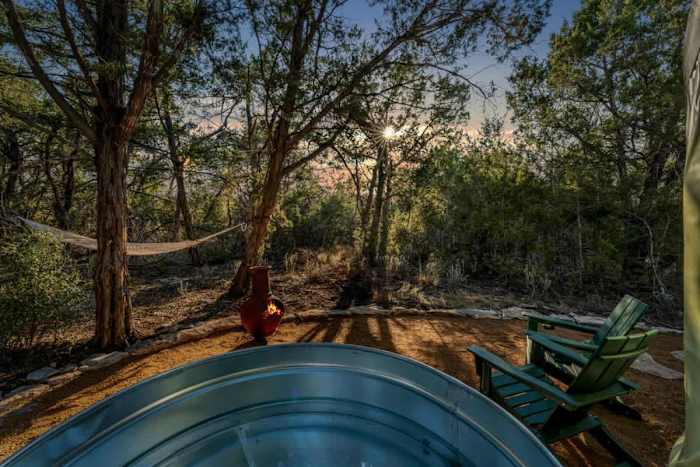 Romantic Yurt | Cowboy Pool | Hot Tub| Near Wine — Peaceful Patio with cowboy pool, chiminea, adirondacks, and hammock!