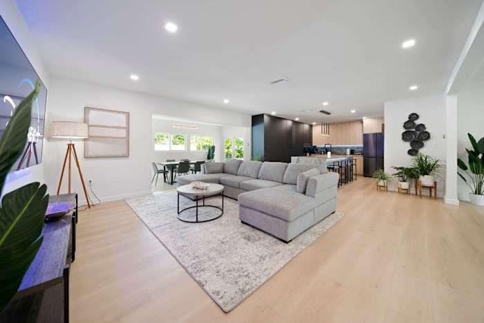 Open floor plan with large sofa sleeper