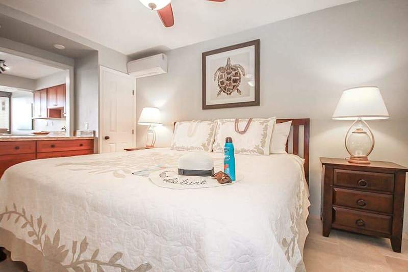 Master bathroom with king bed, flat screen tv and a ceiling fan.