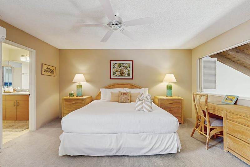 Centers king bedding beneath vaulted ceilings and sunlight