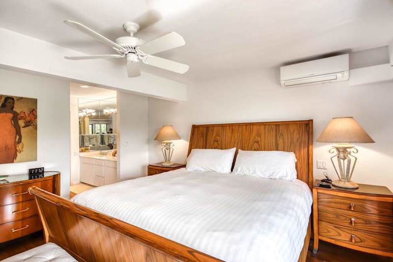 Elegant Primary Bedroom with Wooden Sleigh Bed, Ceiling Fan, and En-Suite Access