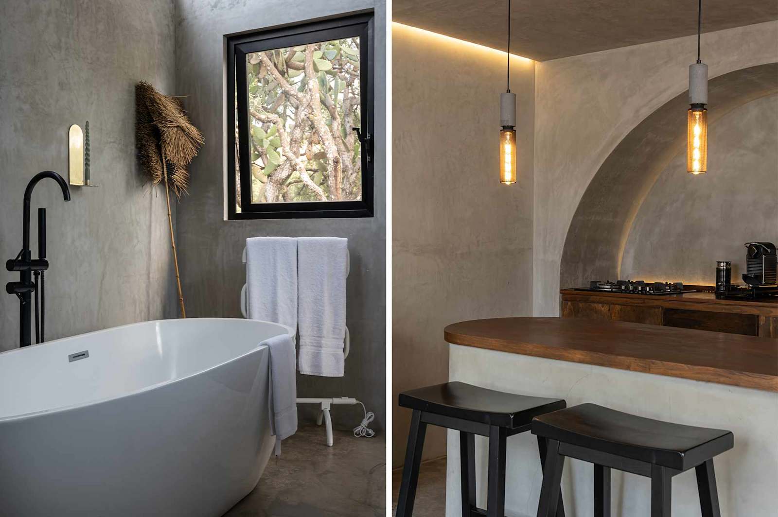A deep soaking tub in the bathroom and kitchen inside the home.
