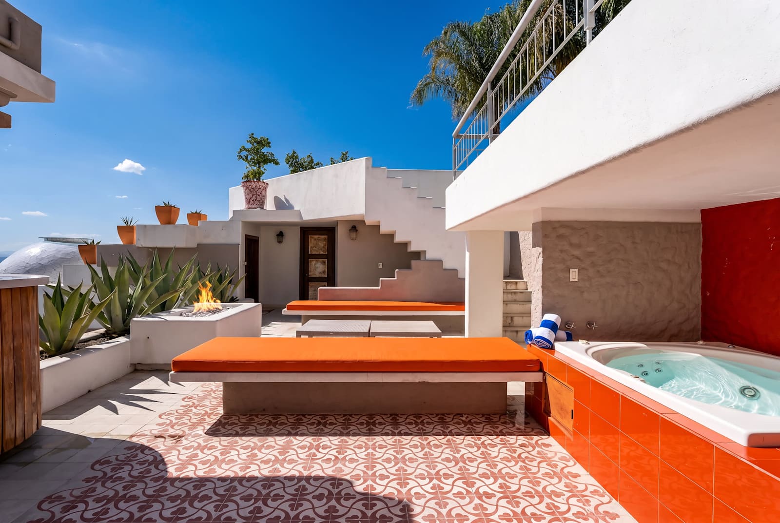 Private terrace with hot tub, fire pit and panoramic city views