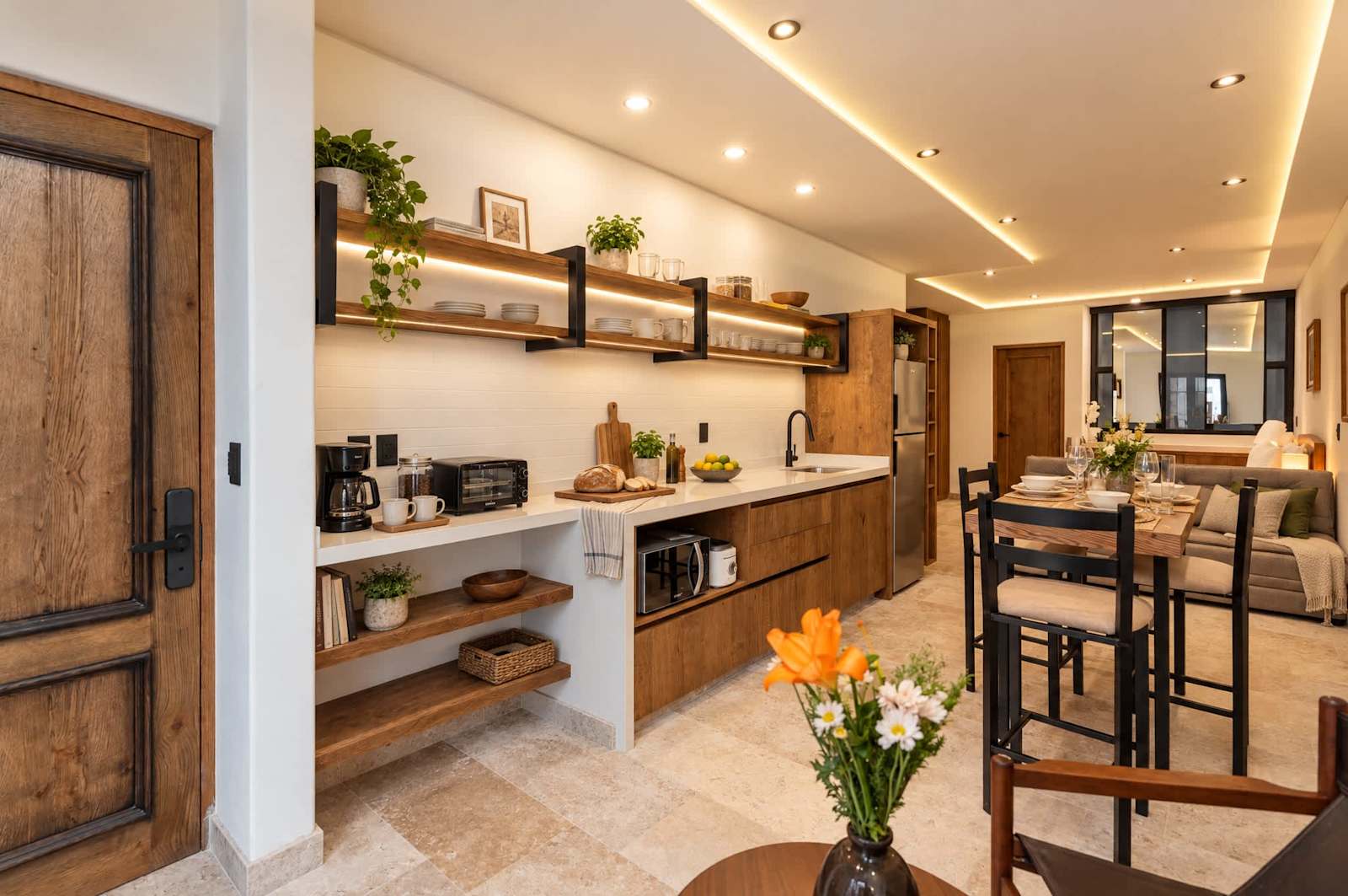 Cocina abierta con gabinetes de madera, repisas flotantes e iluminación moderna con vista al comedor