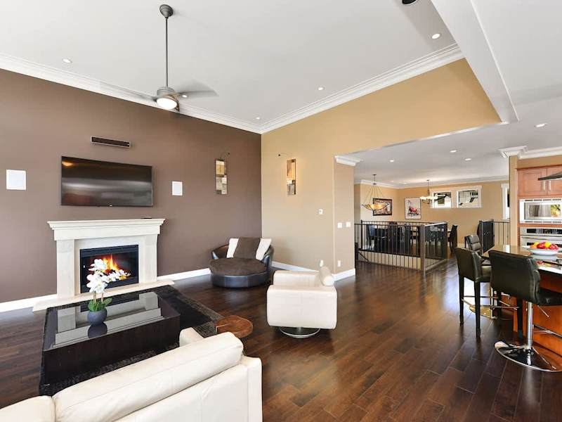 Upper main level living, kitchen, and dining space. 
