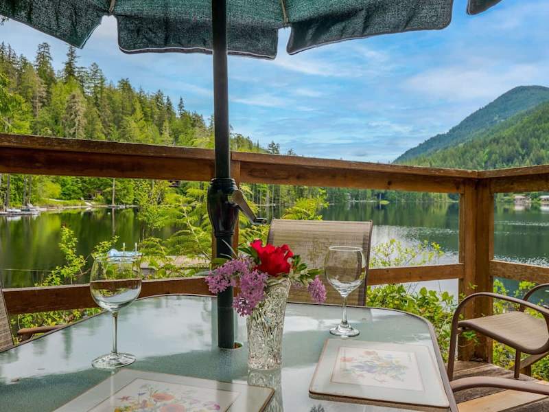 Outdoor dining space on your own private deck overlooking the lake. 