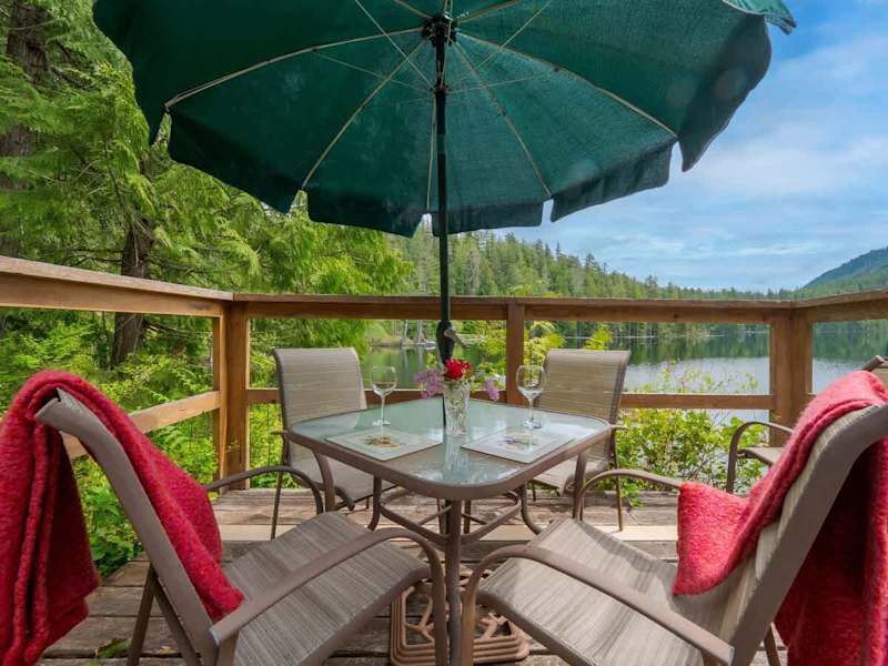 Outdoor dining space on your own private deck overlooking the lake. 