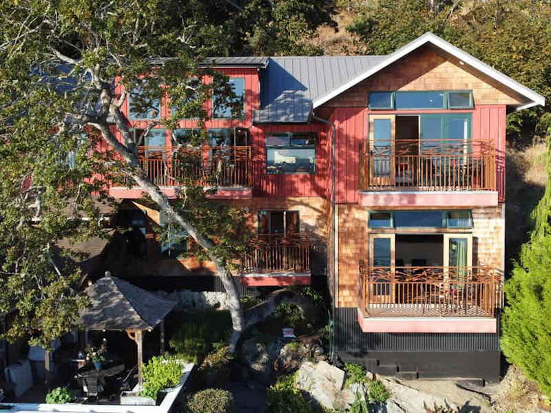 Flyover view of the tree house suites property.