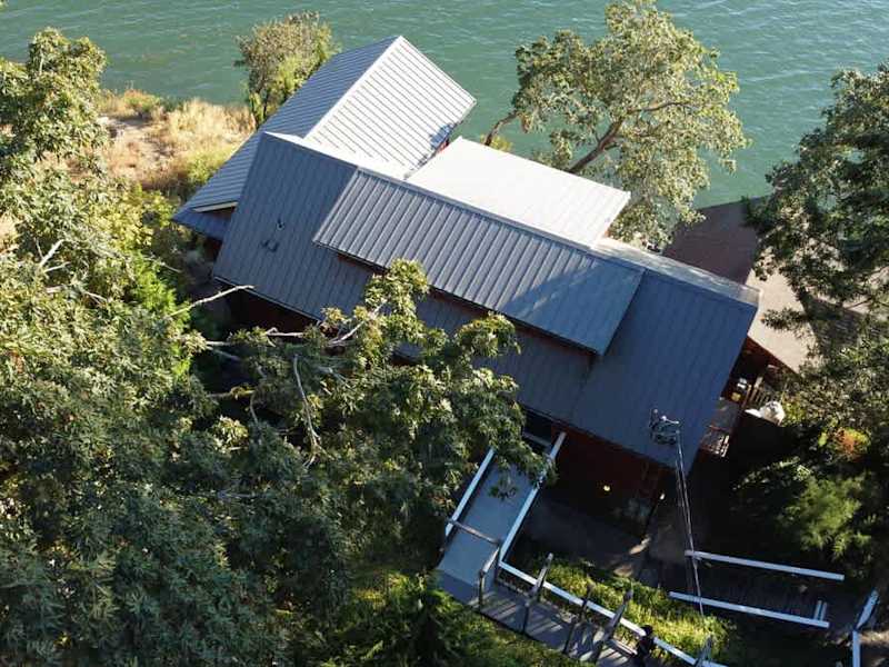 Flyover view of the tree house suites property.