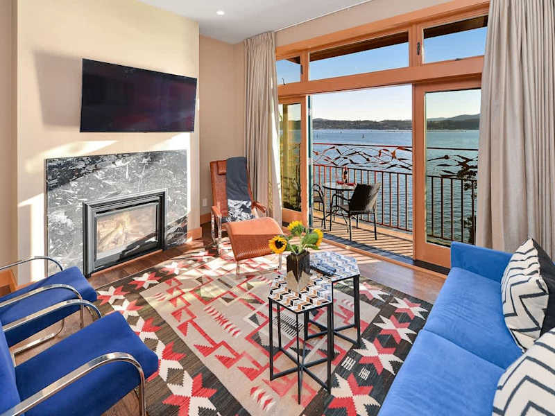 Well appointed living room with amazing bay views.