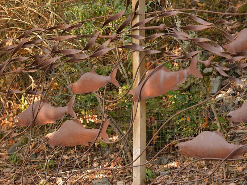 Gate artwork pays tribute to Salmon the run the rivers to complete their cycle of life.