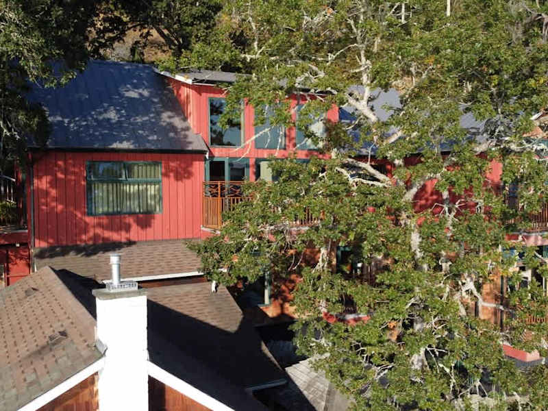 Flyover view of the tree house suites property.