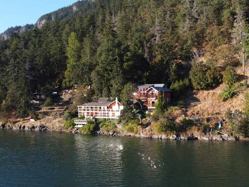 Flyover view of the tree house suites property.
