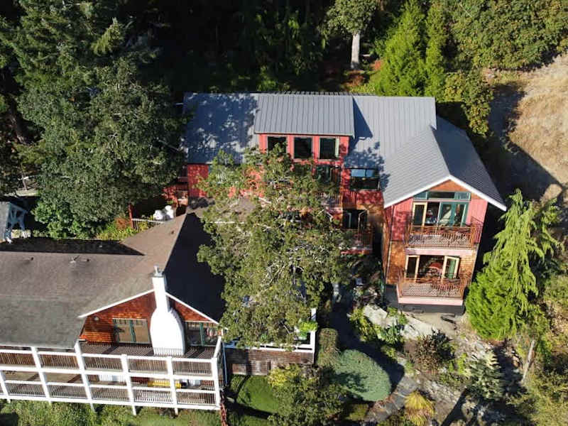 Flyover view of the tree house suites property.