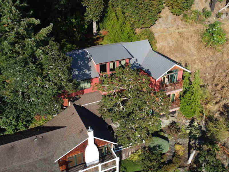 Flyover view of the tree house suites property.