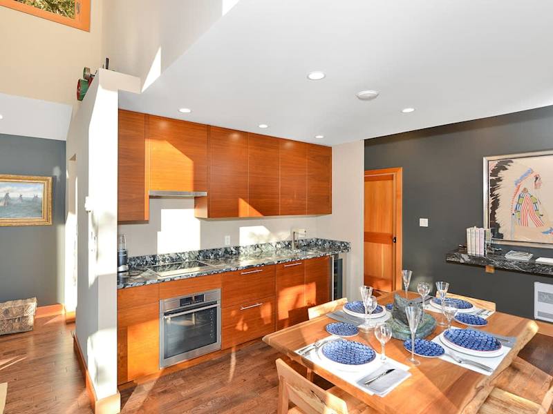 Dining and European styled kitchen space.
